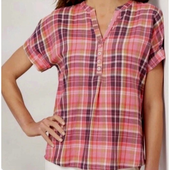 Soft Surroundings Plaid Cotton Gauze Blouse Short Sleeve Pink M Spring Preppy - Picture 10 of 10